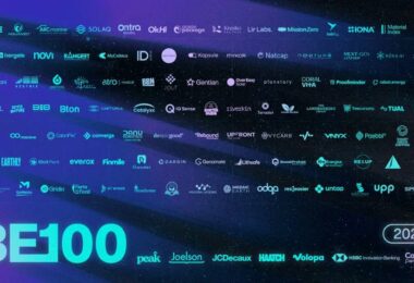 BE100 2026 graphic displaying logos of 100 companies selected for the Blue Earth investment programme