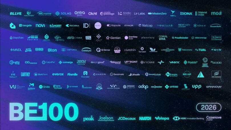 BE100 2026 graphic displaying logos of 100 companies selected for the Blue Earth investment programme