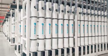 Rows of Nanostone ceramic ultrafiltration membrane modules installed in a water treatment system