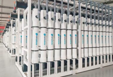 Rows of Nanostone ceramic ultrafiltration membrane modules installed in a water treatment system