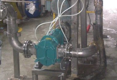 Teal rotary lobe pump on a steel frame, connected to stainless pipes, with a motor behind and a corrugated hose at right