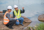 Environmental engineers inspect water quality, bringing water samples to a lab to test mineral content and chemical contamination.