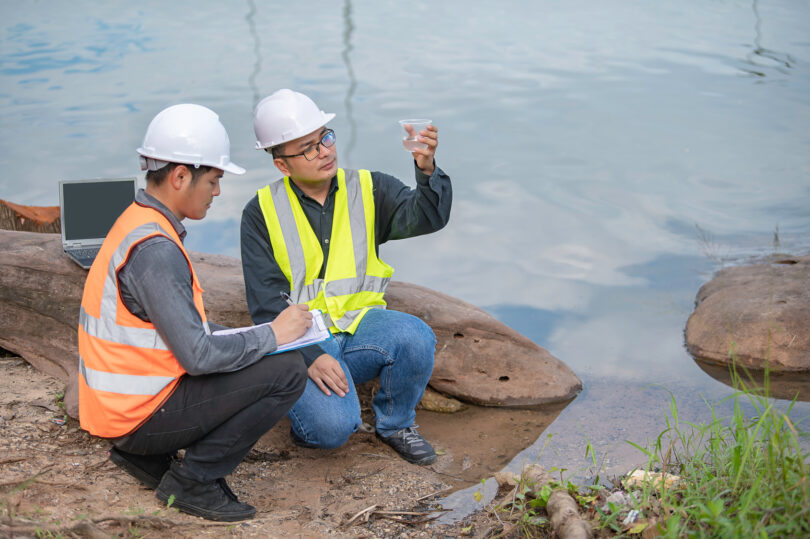 Environmental engineers inspect water quality, bringing water samples to a lab to test mineral content and chemical contamination.