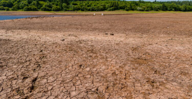 Baked, cracked, dry soil at a near-empty reservoir during a heatwave and drought.