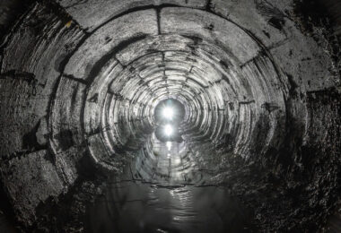 Curved underground tunnel draining water from soil, with light visible at the far end.