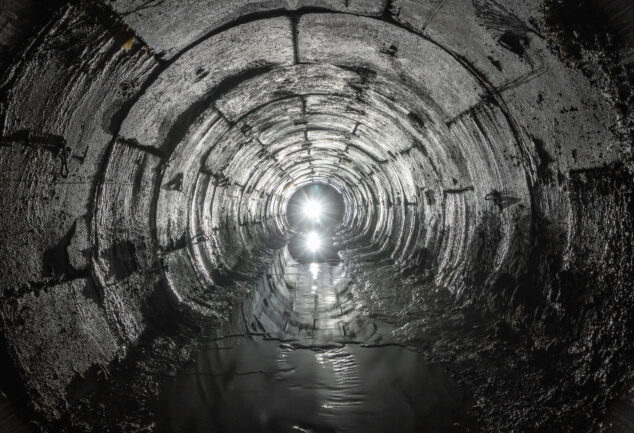 Curved underground tunnel draining water from soil, with light visible at the far end.