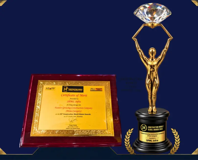 Gold-toned Construction World Global Awards 2026 trophy with diamond-topped figure beside a framed Certificate of Merit for S