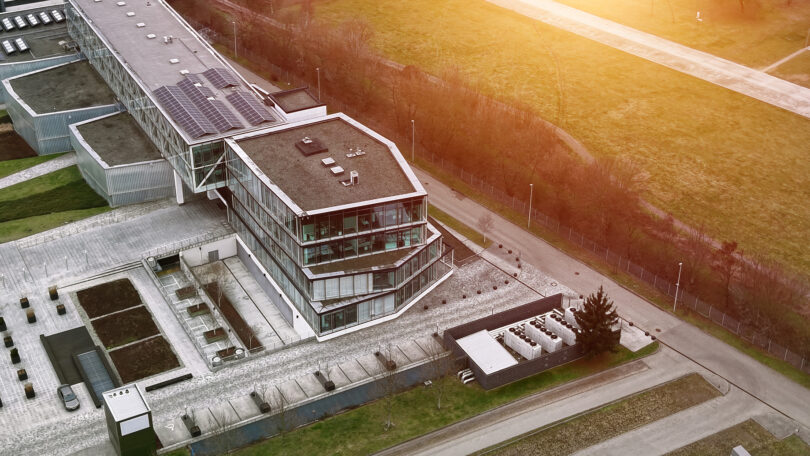 Aerial view of large-scale data center buildings