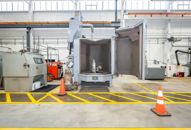 Industrial equipment inside a manufacturing facility, including an open grey testing chamber containing a submersible pump, with yellow floor markings and orange safety cones.