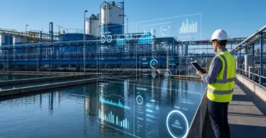 Worker in hard hat and safety vest holds a tablet beside a water treatment basin, with digital data panels overlaid
